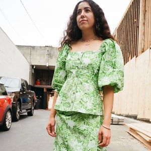 NWT GANNI Green Floral Puff Sleeve Top